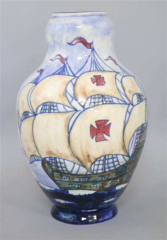 A Royal Cauldron tube glazed vase of a galleon